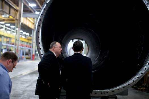 The President tours a wind tower production facility