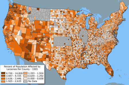 Map of the conterminous United States showing percent of population affected by larcenies for the year 1995, by county