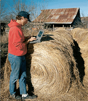 Man using laptop on a hay bale