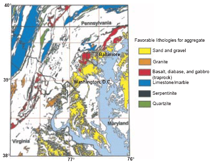 Map of the Baltimore-Washington urban corridor showing favorable lithologies for aggregate