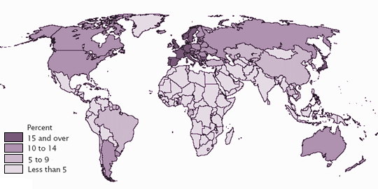 map of  Percent of Population Ages 65 and Older: 2000