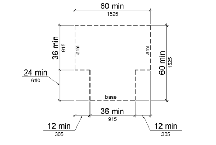 The T shape space is 36 inches (915 mm) wide at the top and stem within a 60 inch by 60 inch (1525 mm by 1525 mm) square.