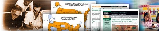 Collage of people and publications illustrating NAEP history
