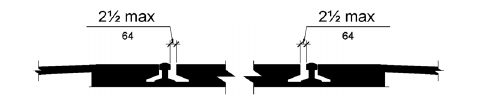 A cross section of a pair of train rails is shown with walkway surfaces abutting the rails on the outside of the pair.  The surface between the rails is at the same level as the outside surfaces, but a horizontal gap 2  inches (64 mm) maximum is shown on the inner edge of each rail to accommodate a train wheel flange.