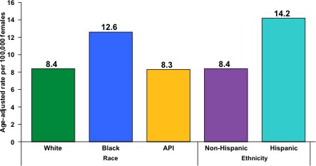 This graph shows the incidence rates for cervical cancer in the United States during 1998 to 2003 by race and Hispanic ethnicity. The rates shown are the number of women who were diagnosed with cervical cancer for every 100,000 women. About 8 white women, 13 black women, and 8 Asian/Pacific Islander women were diagnosed with cervical cancer per 100,000 women. About 14 Hispanic women were diagnosed with cervical cancer per 100,000 women, compared to 8 non-Hispanic women.