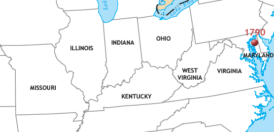 Animated map showing the westward movement of population centers by decade