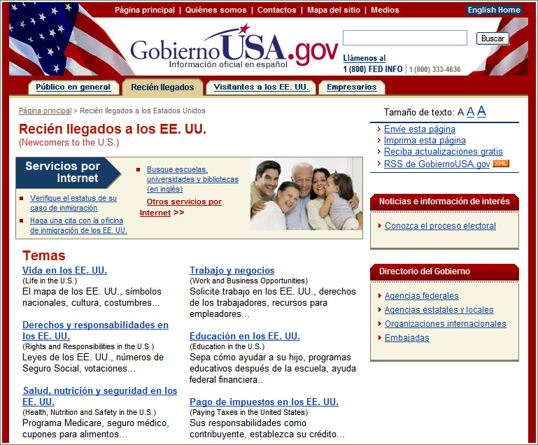 Página Recién llegados en GobiernoUSA.gov.