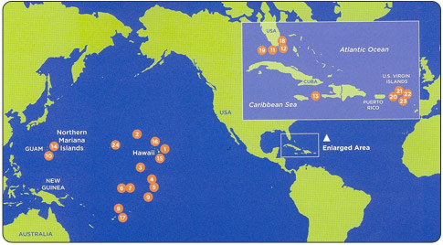 DOI jurisdictions with coral reefs; total area with coral reefs and other submerged lands are about 3,630,500 acres. [Click on image to see Full Size picture] 