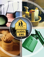 SC3 logo with school crossing sign photo in center surrounded by photos of chemistry flasks, art supplies, cleaning products, and insecticide sprayer