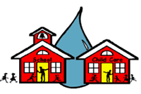 Graphic of School House and Child Care Facility with children running