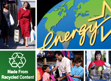 letrero de contenido reciclado; logotipo de Energy STAR; ir de compras, lecciones de reciclaje