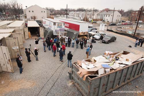 Aerial view of Habitat for Humanity's 2009 Martin Luther King, Jr. Day of Service build site in Northeast Washington, DC.  Fueled by President Obama’s call to service, the 2009 Martin Luther King, Jr. Day of Service experienced a historic level of participation, as Americans across the country honored Dr. King by serving their communities on the January 19 King Holiday. In total, more than 13,000 projects took place -- the largest ever in the 14 years since Congress encouraged Americans to observe the King Holiday as a national day of service and charged the Corporation for National and Community Service with leading this national effort.