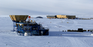 New Amundsen-Scott South Pole Station facility and old geodesic dome station seen from the Dark Sector, 2006