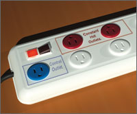 Image of a smart power strip with an on/off switch, constant hot outlets, a control outlet, and additional outlets.