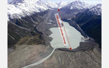 Photo of the moraine at Tasman Glacier shows glacial melting and climate change.