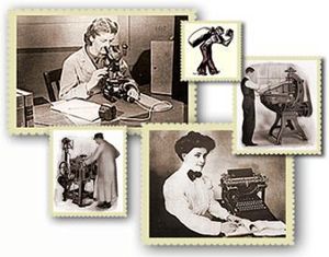 Montage of labor images taken from documents in the Wirtz Labor Digital Library. Clockwise starting from top left-hand corner: Woman scientist viewing micro-organisms through a microscope; Illustration of a sailor walking with a book and a large bag; Cobbler working on an ideal clicking machine; Secretary posing next to a typewriter with a pad of paper and pencil; Cobbler working on a U.S.M. Co. lasting machine.