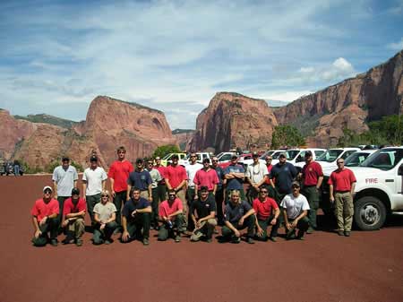 A U.S. Fish and Wildlife fire crew poses for a photo snapped by a tourist at Zion National Park in Utah. The crew was on severity detail with five engines and employees from more than a dozen national wildlife refuges and wetland management districts including Big Stone, Crane Meadows, Detroit Lakes,