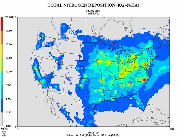 CMAQ annual average (wet plus dry and oxidized plus reduced) nitrogen deposition (in kg-N/ha) across the U.S. based on 3 years of differing meteorology - one dry, one wet, and one average precipitation year - across the Eastern U.S.