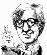 Ray Bradbury caricature, with Bradbury working at a typewriter with a burning page from Fahrenheit 451