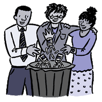 Three People Throwing Cigarettes into Trash