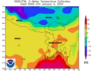 Surface temperature estimates on January 4, 2007