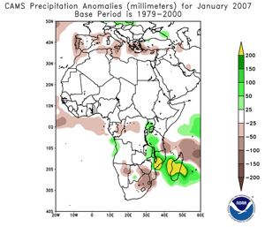 Map of rainfall anomalies across Africa during January 2007