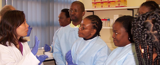 Microbiologist Xin Liu, Ph.D., is training laboratory personnel to perform the new test (BED Incidence Assay) during a workshop in Africa.