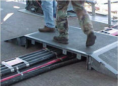 Men walking on ramp over pipes