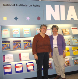 FAREWELL AND WELCOME! After 16 years of dedicated service to NIA and ADEAR, Pat Lynch, at right, retired in early 2008. Her successor is Jennifer Watson, left, former project director for the ADEAR Center. 