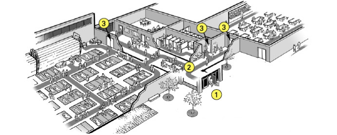 illustration showing accessible route from entrance through the shelter