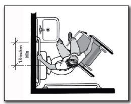 overhead view of a wheelchair user inside a toilet stall