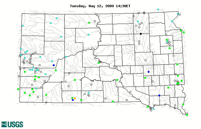 Stream gage levels in South Dakota, relative to 30 year average.