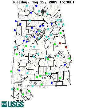 Current streamflow conditions in Alabama; click to go to a live map.