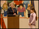 Secretary Spellings answers students' questions at a school assembly at Auburn Elementary School in Salem, Oregon.