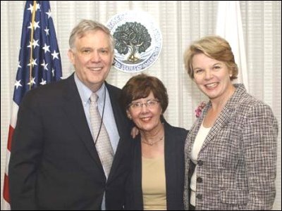 Tom Luce, his wife, and Secretary Spellings at the ceremony where Luce was sworn in as Assistant Secretary for the Office of Planning, Evaluation and Policy Development.