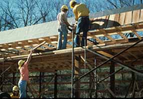 Volunteers working on picnic shelter