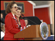 Lynda Johnson Robb and Luci Baines Johnson speak at a ceremony in Washington, D.C., in front of the ED building renamed to honor their father, Lyndon B. Johnson.