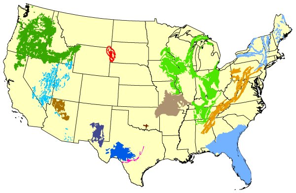 Map of the United states, showing major karst and pseudokarst regions.
