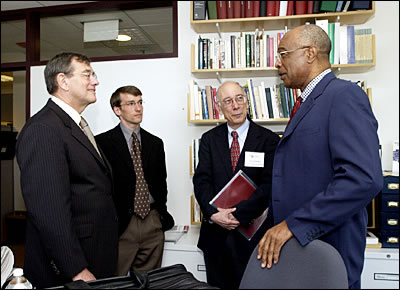 Secretary Paige meets with conference host Paul Peterson, Martin West, and Professor Alan Altshuler at Harvard University in Cambridge, Massachusetts.