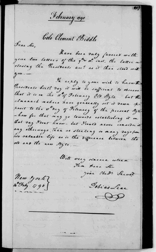 Image 207 of 227, Tobias Lear to Clement Biddle, February 14, 1790 -