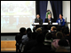 A subject matter expert panel takes questions from students in Quito, Ecuador (on screen) and Poolesville, Maryland in the Department's auditorium. From left to right: Frank Bauer, NASA Headquarter's Chief Engineer for the Exploration Systems Mission Directorate (ESMD); Dr. Robert Calahan, Head of NASA-Goddard's Climate and Radiation Branch; and former astronaut Dr. Donald Thomas.