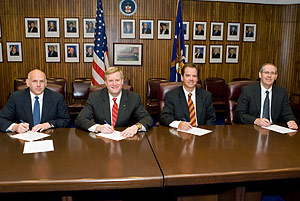(L to R) Guy R. Colona, P.E., Assistant Vice President, NFPA; Edwin G. Foulke, Jr., former-Assistant Secretary, USDOL-OSHA; William J. Erny, Senior Policy Advisor, Safety and Security Issues, API; and Wayne Geyer, Executive Vice President, STI/SPFA; at the national Alliance renewal signing on May 29, 2008.