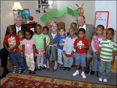 Governor Donald Carcieri (RI), Secretary Spellings and Senator Lincoln Chafee (RI) with students at Ready to Learn Providence.