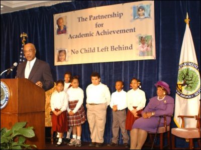 Secretary Paige and Dr. Dorothy Height (seated, far right) announce a new partnership between the Education Department and the National Council of Negro Women to close the achievement gap between African-American children and their peers as local school children listen.
