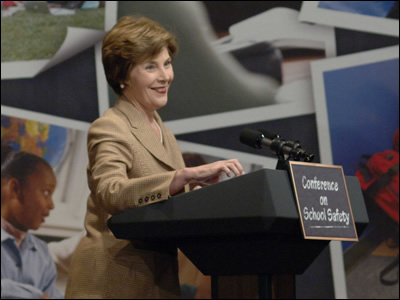 First Lady Laura Bush speaks during the Conference on School Safety at the National 4-H Youth Conference Center in Chevy Chase, Maryland.