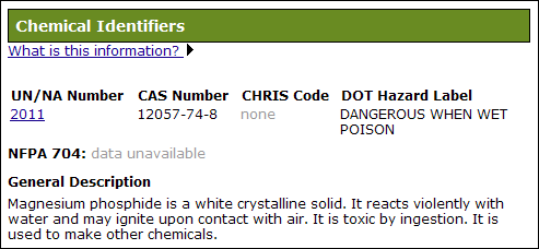 Identifying information about magnesium phosphide, including a UN/NA number, CAS Number, DOT hazard label, and a general description.