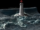 A computer generated simulation of waves parting around a lighthouse.