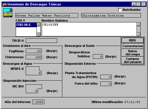 A Chemical Inventory screen in a Spanish version of CAMEO.