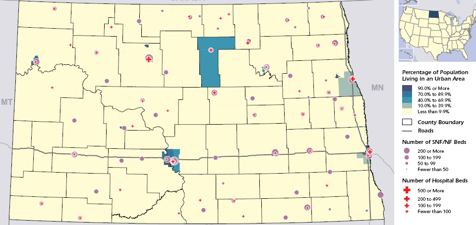 This map shows the State of North Dakota with the distribution of hospitals and nursing homes in the State. For details, go to the Text Description [D].