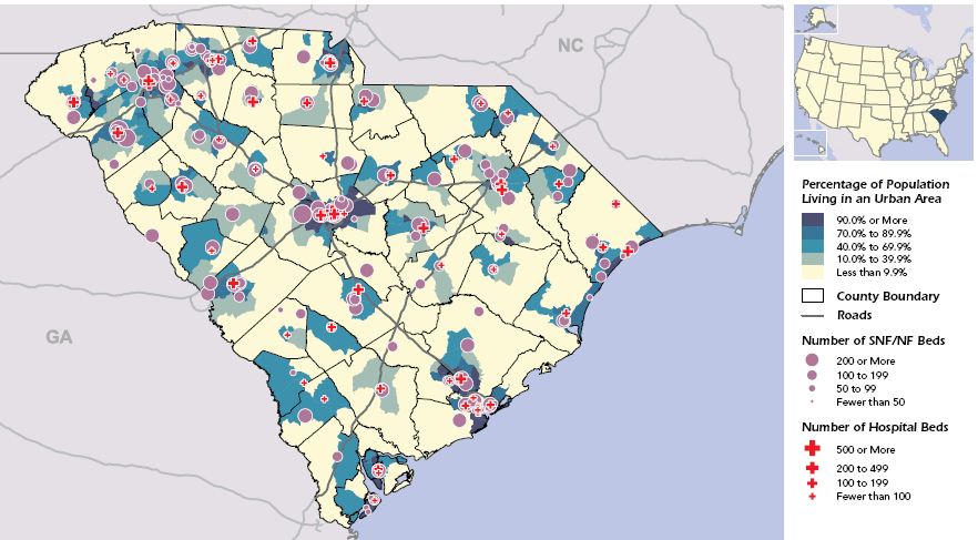 This map shows the State of South Carolina with the distribution of hospitals and nursing homes in the State. For details, go to the Text Description [D].